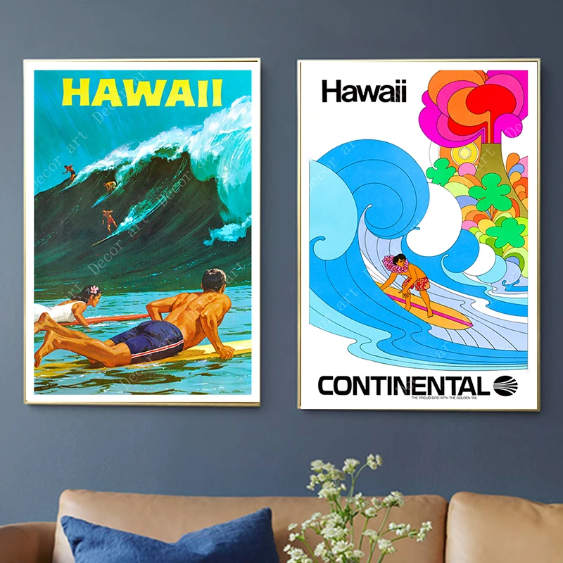 

Summer Holiday Surf at Hawaii America Travel Canvas Painting Vintage Wall Kraft Posters Coated Wall Stickers Home Decor Pictures