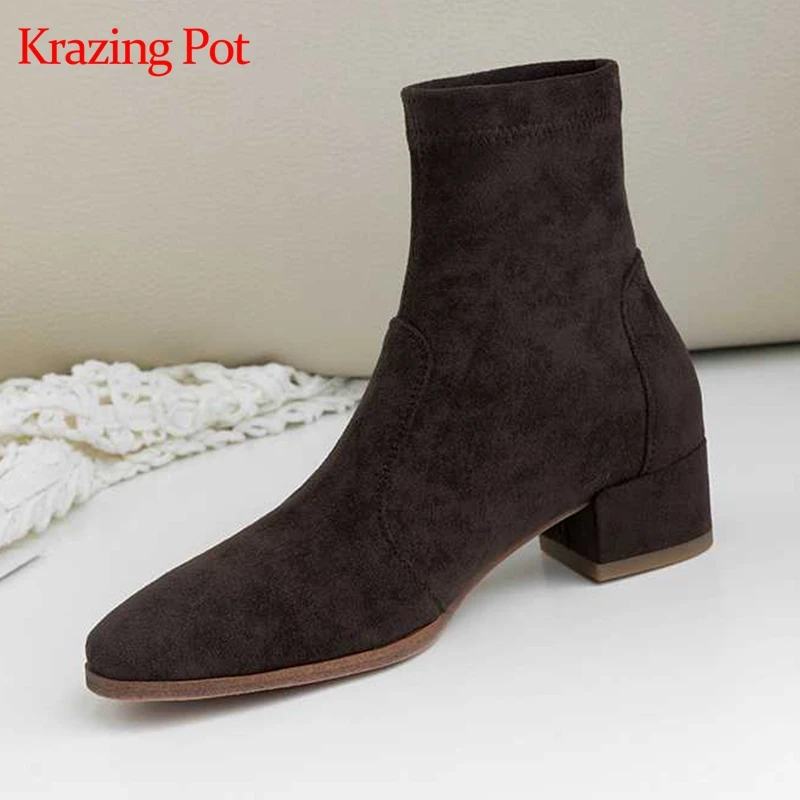 Krazing pot/женские ботильоны из флока, с круглым носком, на среднем каблуке, без шнуровки, однотонные, для подиума, милые, офисные, женские, сохраняющие тепло, эластичные полусапожки, L08