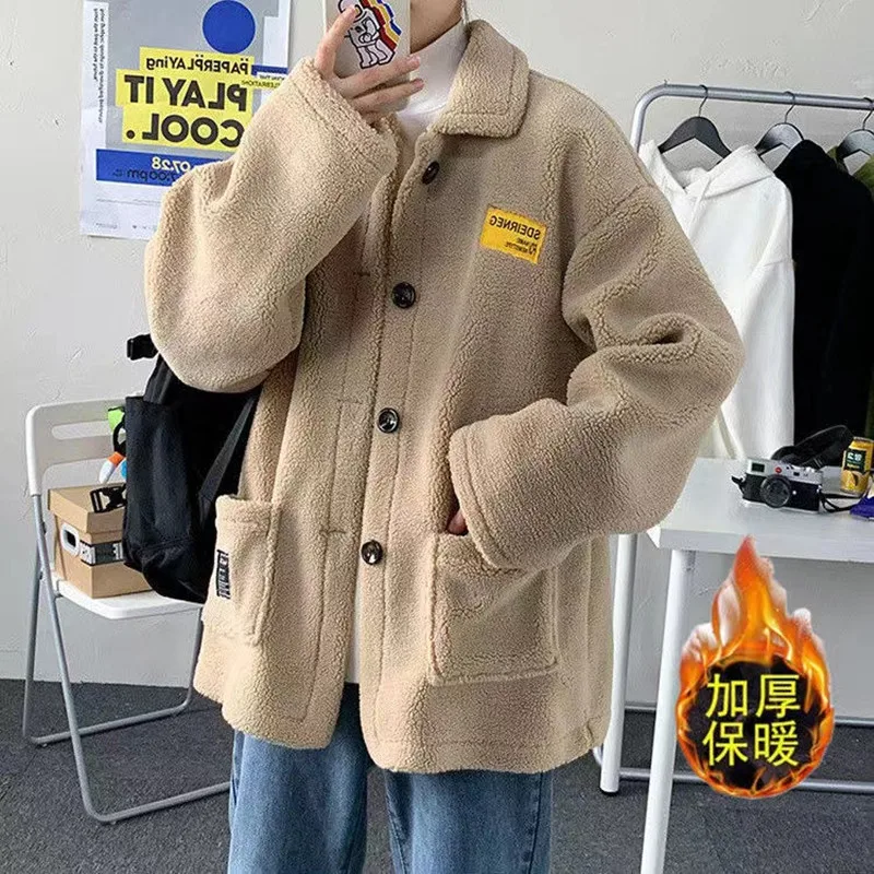 

2021 Winter Men's Lamb Plush Coats Tide Loose Fashion Cotton-padded Clothes Student Keep Warm Snow Jackets Thickened Parkas