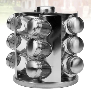 

1 Set of Rotary Seasoning Jar Rack Stainless Steel Condiment Pot Rack Glass Empty Seasoning Bottles (12PCS Bottels and 1PC Rack)