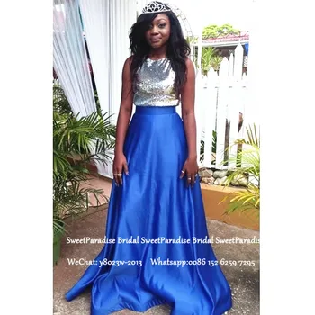 

African Women Long Prom Dresses 2020 Silver Sequined Top and Royal Blue Satin Skirt Vestido De Festa Evening Dress Gown