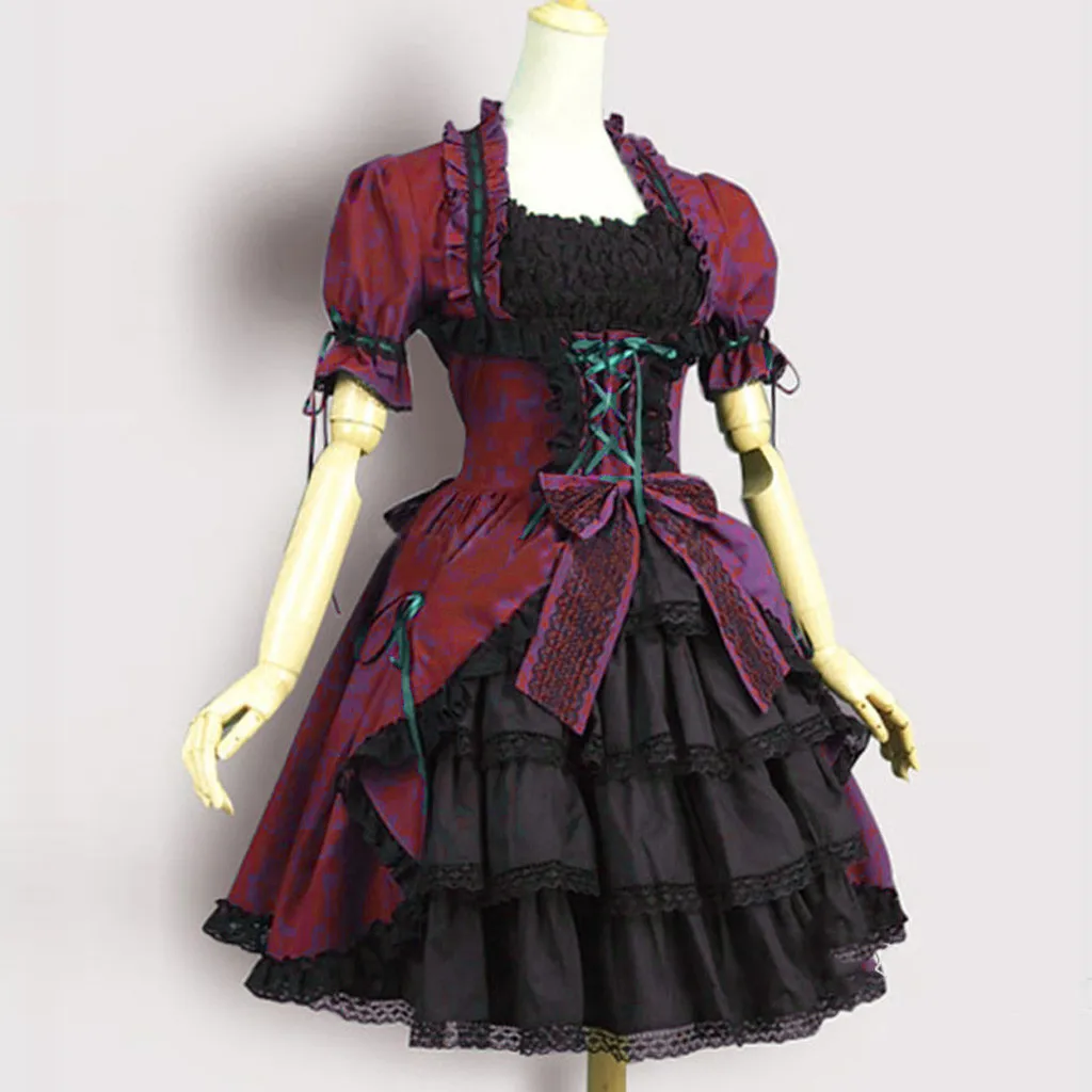 

Lolita Women Dress Vintage Fall 2019 Elegant Gothic Court Clothes Female Patchwork Ruffle Dress Short Sleeve Wine Red Tunic#G7