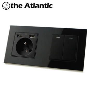 

FR Plug Sokcet Power Outlet 1 2 3 4 Gang Lamp Light Switch 2 Gang Socket Black Glass Frame 172mm*86mm Belgium Poland Slovakia