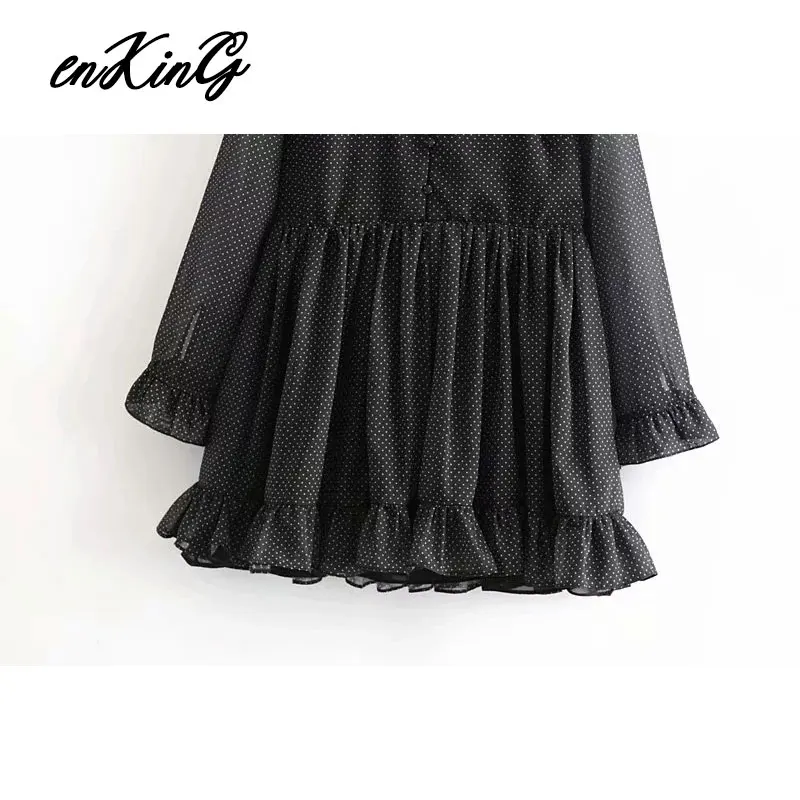 women elegant dots print mini za dress straight style long sleeve ruffles design female streetwear dresses vestidos