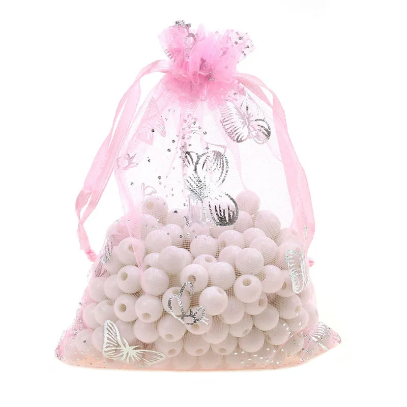 100pcs/lot Silver Butterfly Organza Bag Christmas Wedding Voile Gift Bag Jewelry Packing Drawstring Pouch Decoration Storage Bag - Цвет: pink butterfly