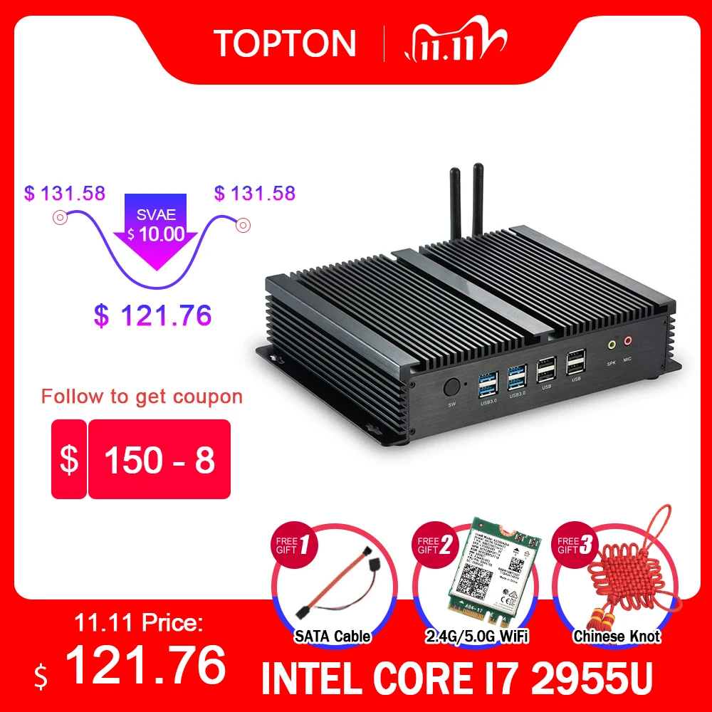 Промышленный мини ПК Topton серии G без вентилятора Win10 Intel i7 i5 i3 2955U 2 * lan 6 COM USB микро