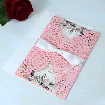 

2020 Pattern Rose Laser Cut Wedding Party Invitations with Ivory Bow 20+Color Printable Birthday Sweet Fifteen Invites