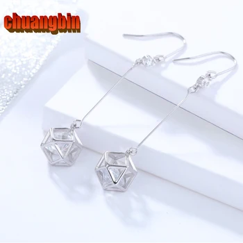 

S925 sterling silver temperament long earrings ladies fashion fresh wild zircon hollow geometry ear hooks Tassel long silverware
