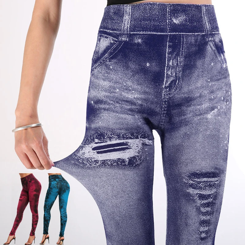 Sexy Elastic Imitation Faux Jeans Leggings High Waist Pants Fitness Slim Leggins Mujer 2021 Sport Push Up Leggings For Women Hot tights for women