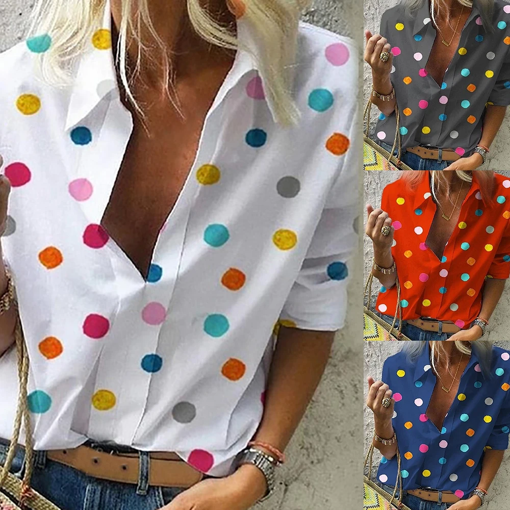 

Women Colourful Dot Print Blouse Tops Women Office Style 2019 Casual Long Sleeve Polka Shirt and Blouses V Neck Slim Shirts