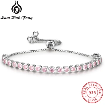 

925 Sterling Silver Bracelets for Women Round Pink Zircon Bracelet Adjustable Bracelet & Bangles Fine Jewelry (Lam Hub Fong)