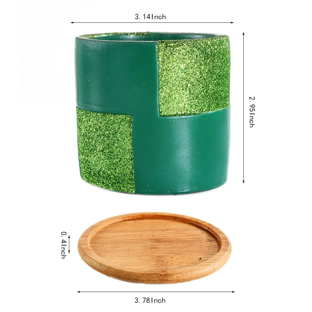 Glitter Surface Succulent Planters Cement Pots with Bamboo Tray Grey, for Home,Office Decor Perfect Gift Idea 3.14Inch 4 In set