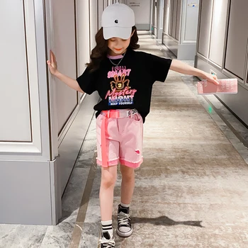 

Summer Girls Suits Fashion Short sleeve printed T-shirt Sweatshirt broken hole Jeans Shorts With belt 5 7 9 11 12 T Girl Clothes