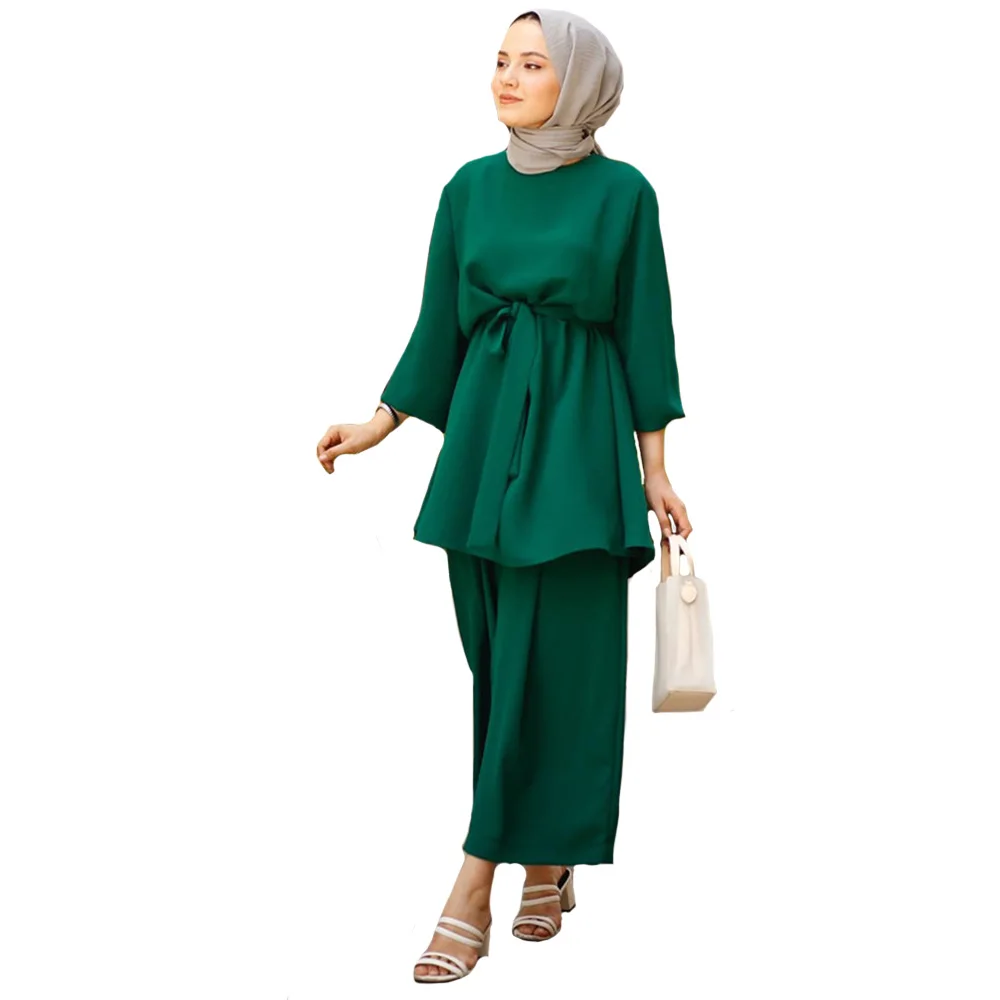 

Solid Color Sets Muslim Ladies Round Neck Long-Sleeve Belted Tops Casual Elastic Band Pants Middle East Two-piece Women Clothing