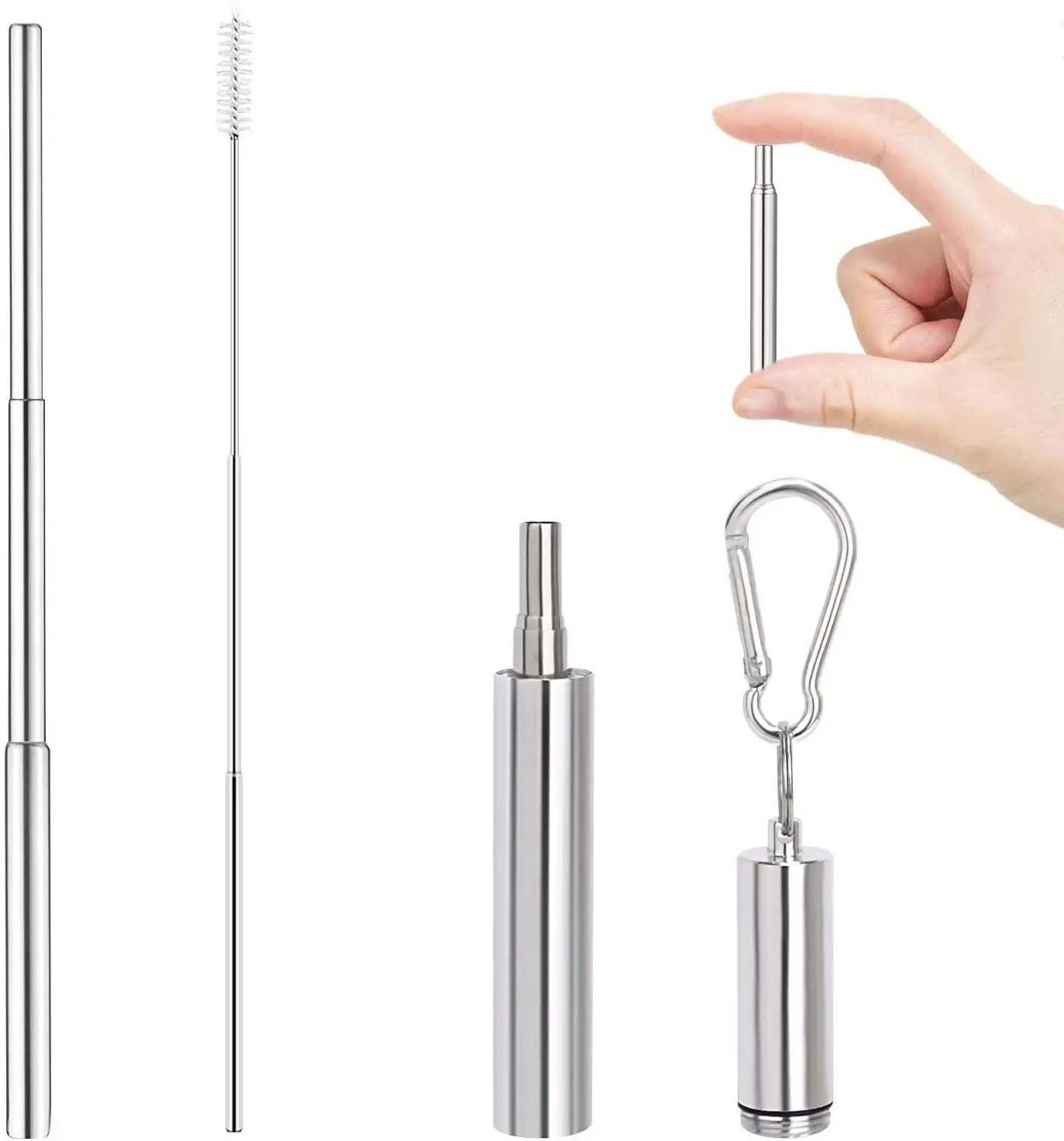 

Reusable Drinking Straws Portable Telescopic Collapsible Stainless Steel Metal Straw With Metal Case and Cleaning Brush