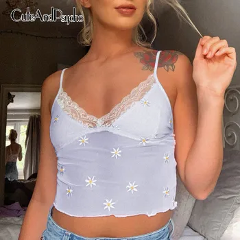 

Floral Printed y2k Sexy Cute Cropped Tops for Women Summer White Lace Patchwork Backless Tops Tee Nightclub Top Cuteandpsycho