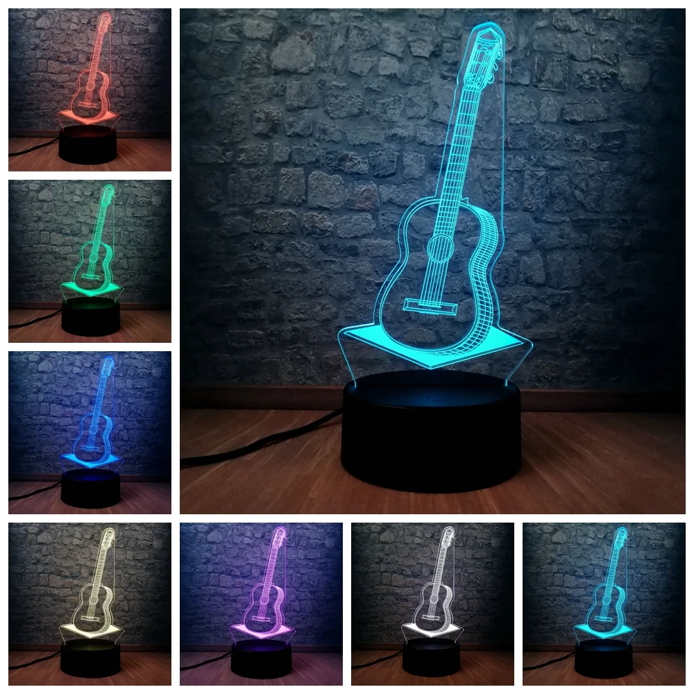3D Ночная Электрогитары современные 7 цветов изменить оптические иллюзии сенсорная настольная лампа в стиле скульптура для домашнего декора для Для мужчин подарок - Испускаемый цвет: Black base 3
