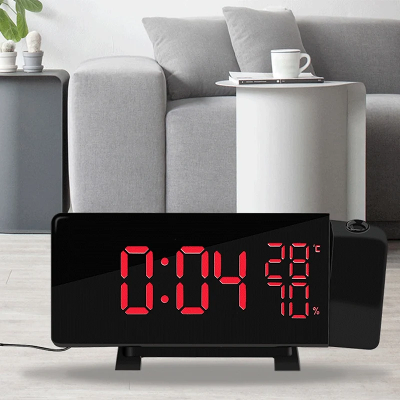 

Rotating Projection Digital LED Clock Temperature/Hygrometer Clock FM Radio Electronic Clock Desktop Curved Screen Alarm Clock