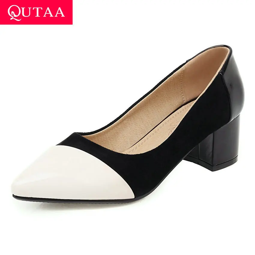 

QUTAA 2020 Square Heel Pointed Toe Slip on Women Single Shoes Patchwork Flock PU Leather Spring Autumn Ladies Pumps Size 34-43