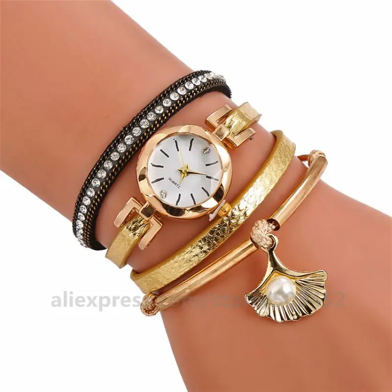 100 шт/лот груша pandent переплетение с узором вокруг кварцевая элегантность кожаные часы для женщин Бусы часы с браслетом - Цвет: gold