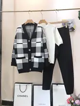 

YICIYA Autumn Winter Tracksuits Plus Size Tracksuits 3 Piece Sets Women Knit Short Sleeeve Pullovers+Plaid Cardigans+ Pants