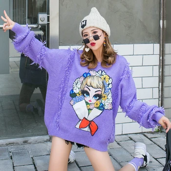 

Autumn 2019 new European American women's Cartoon girl flower print sweater tassel long sleeves Loose Big size Knitting sweater