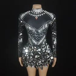 Shiny Mirrors Sequins Mini Short Dress Long Sleeve Elastic Silver Crystals Stage Wear Women Birthday Evening Party Sexy Costume