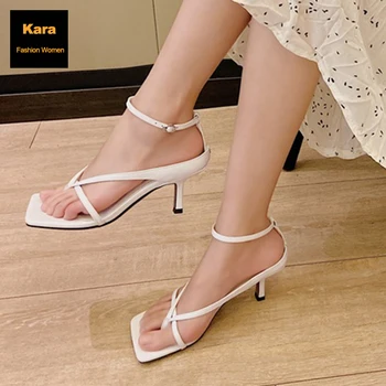 

Summer Sandals Women Shoes Natural Genuine Leather Thin High Heel Ankle Strap Shoes Cow Leather Buckle Sandals Ladies 43