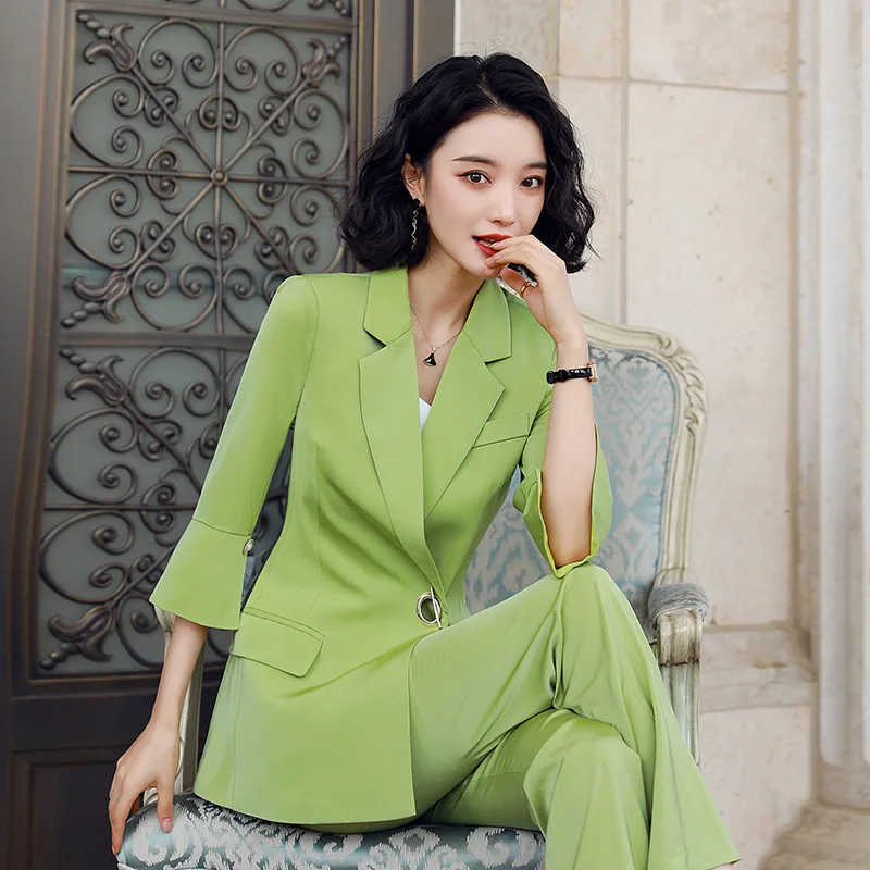 

Green Suit Jacket Women's Half-sleeve Shirt Spring And Autumn Korean-style Fashion Elegant British Style Three-quarter-length Sl