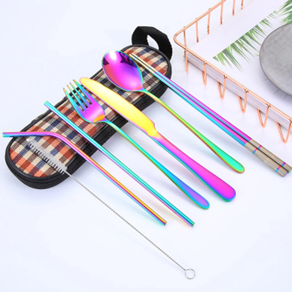 

8-in-1 Stainless Steel Portable Travel Utensils Set Straw Spoon Fork Chopsticks Camping Tableware with Storage Pouch