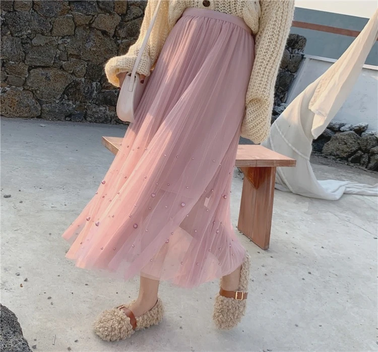 Новинка 1301 года; юбка трапециевидной формы с эластичной резинкой на талии и бусинами из пряжи и тюля; длинные юбки