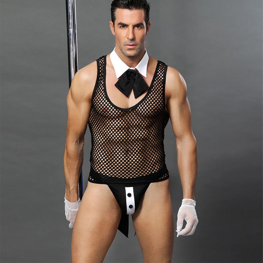 

Men Butler Waiter Lingerie Suit Open Crotch Swallow Tail G-string Thong Underwear with Bow Tie Collar and Lace Top Sexy Costumes