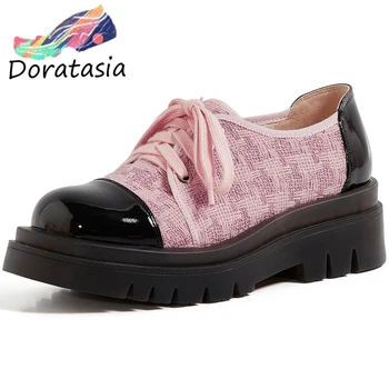 

DORATASIA Women Lace Up Chunky Heel Platform Shoes Casual Pumps Women Fashion Brand Round Toe Patchwork Spring Pumps