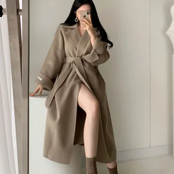 

Korean High Quality Cashmere Manteau Femme Outwear Notched Full Sleeve Lace Up Vintage Long Wool Winter Coat Women Streetwear