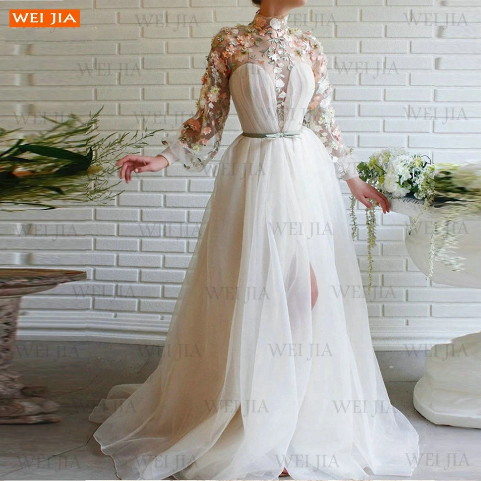 

Elegant Prom Dresses Lace Appliques Long vestidos de fiesta High Collar White Full Sleeves High-Split Flowers Formal Party Gown