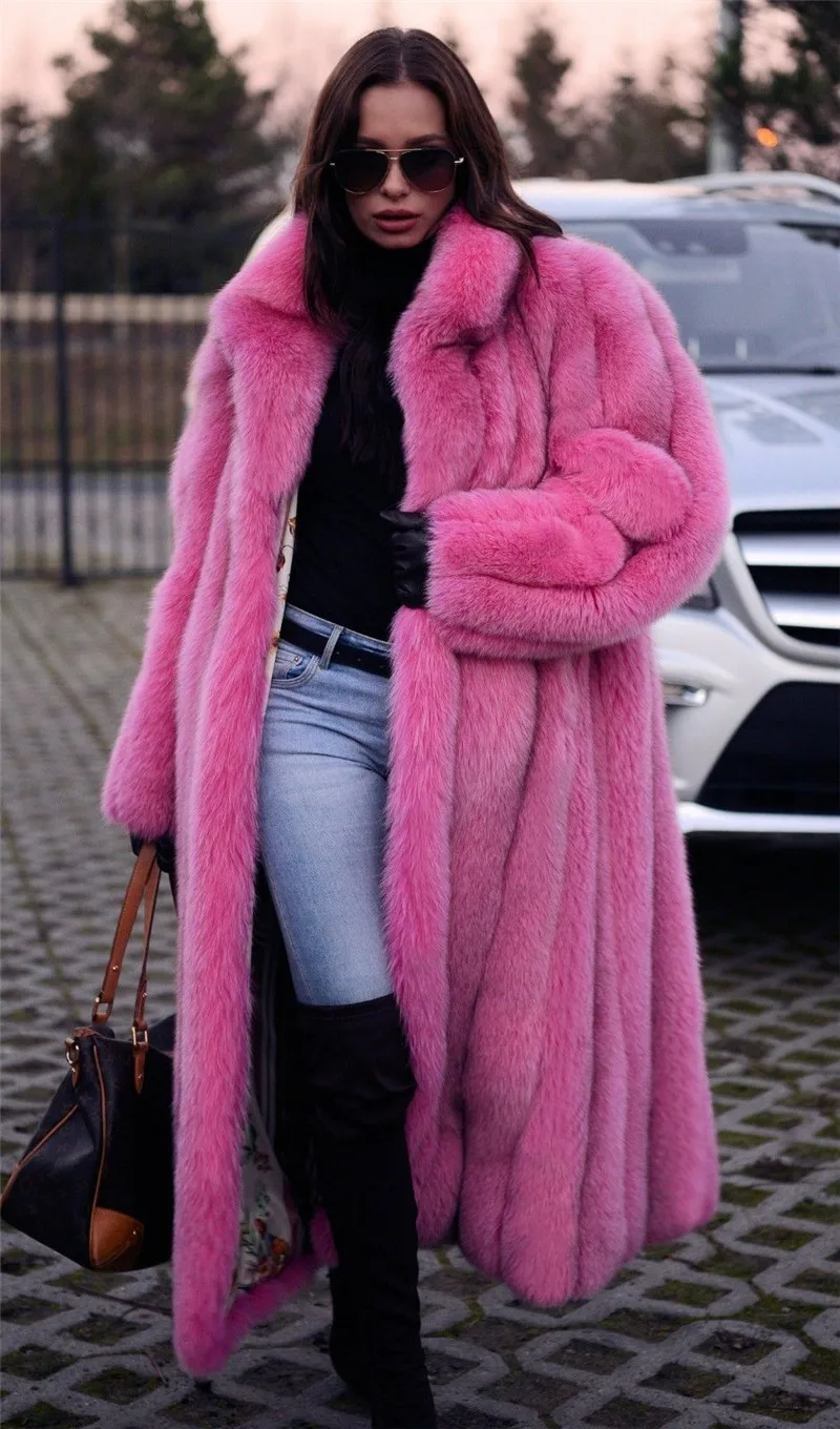 Pink Fox Fur Coat Stand Collar 