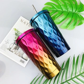 

New Arrival Gradient Straw Water Cup 600ML Portable New Style Stainless steel Cute Thermos Mug Travel Thermo Cup