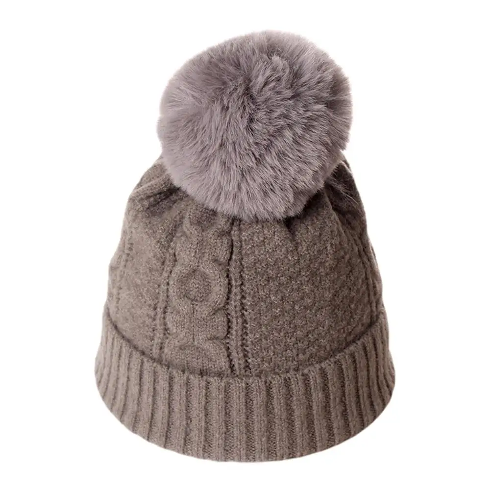 Women Cable Knit Beanie Hat with Fluffy Pompom Winter Crochet Cuffed Skull Cap