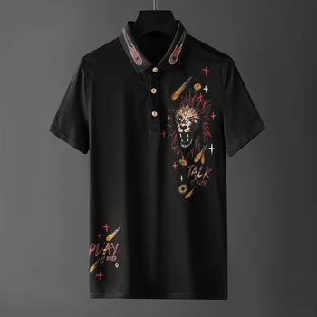 

2020ss men's polo shirt fashion lion print Beaded Lapel short sleeve shirt slim trend pearl cotton European and American top