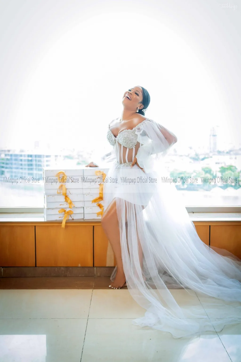 2022 White Wedding Dresses Bride Robes Off Shoulder Long Sleeve Side Split Sweep Train Beaded Tulle Bridal Gowns Reception Dress second hand wedding dresses