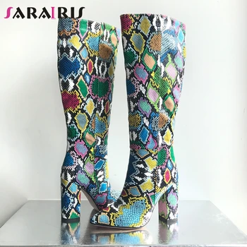 

SARAIRIS Big Size 34-43 New Ladies Fashion Snake Veins Prints Boots Women High Heels Boots Brand Colorful Slip On Shoes Woman