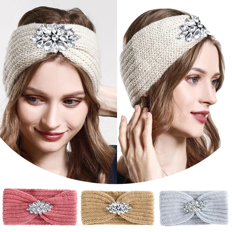 

Women Rhinestone Knitted Headbands Women Winter Warm Crochet Head Wrap Wide Elastic Hair Headband Accessories Hair Bands