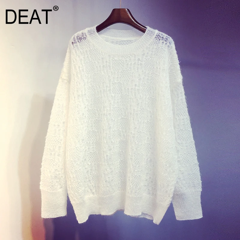 

[DEAT] 2019 New Spring Round Neck Long Sleeve Loose Solid Color Hollow Out light Knitting Sweater Women Fashion 13D563
