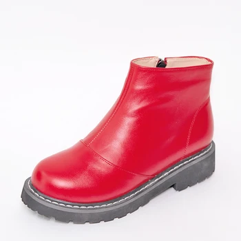 

Genuine Cow Leather Ankle Boots Women Autumn Winter Lady Low Square Heel Zipper Shoes G331 Woman Round Toe Red Sewing Short Boot