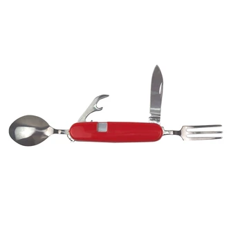 

Multifunction Outdoor Camping Picnic Tableware Folding Fork With Spoon And Knife Bottle Opener Stainless Steel Cutlery Red