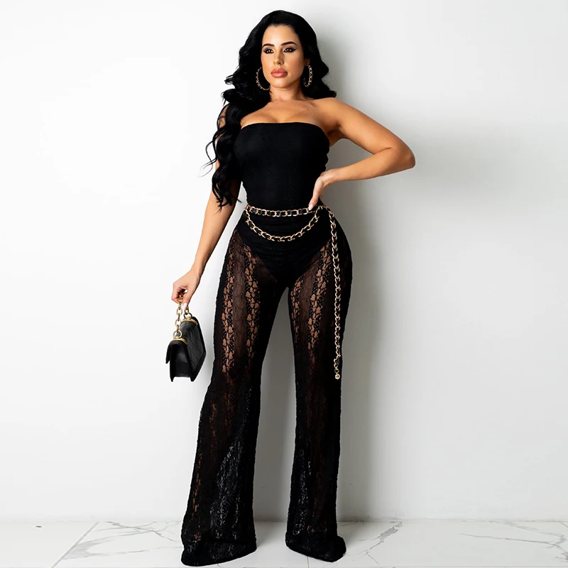 Sexy Black Lace See Through Jumpsuit Women Elegance One Piece Overall Strapless Sleeveless Wide Leg Jumpsuit Retro Party Rompers