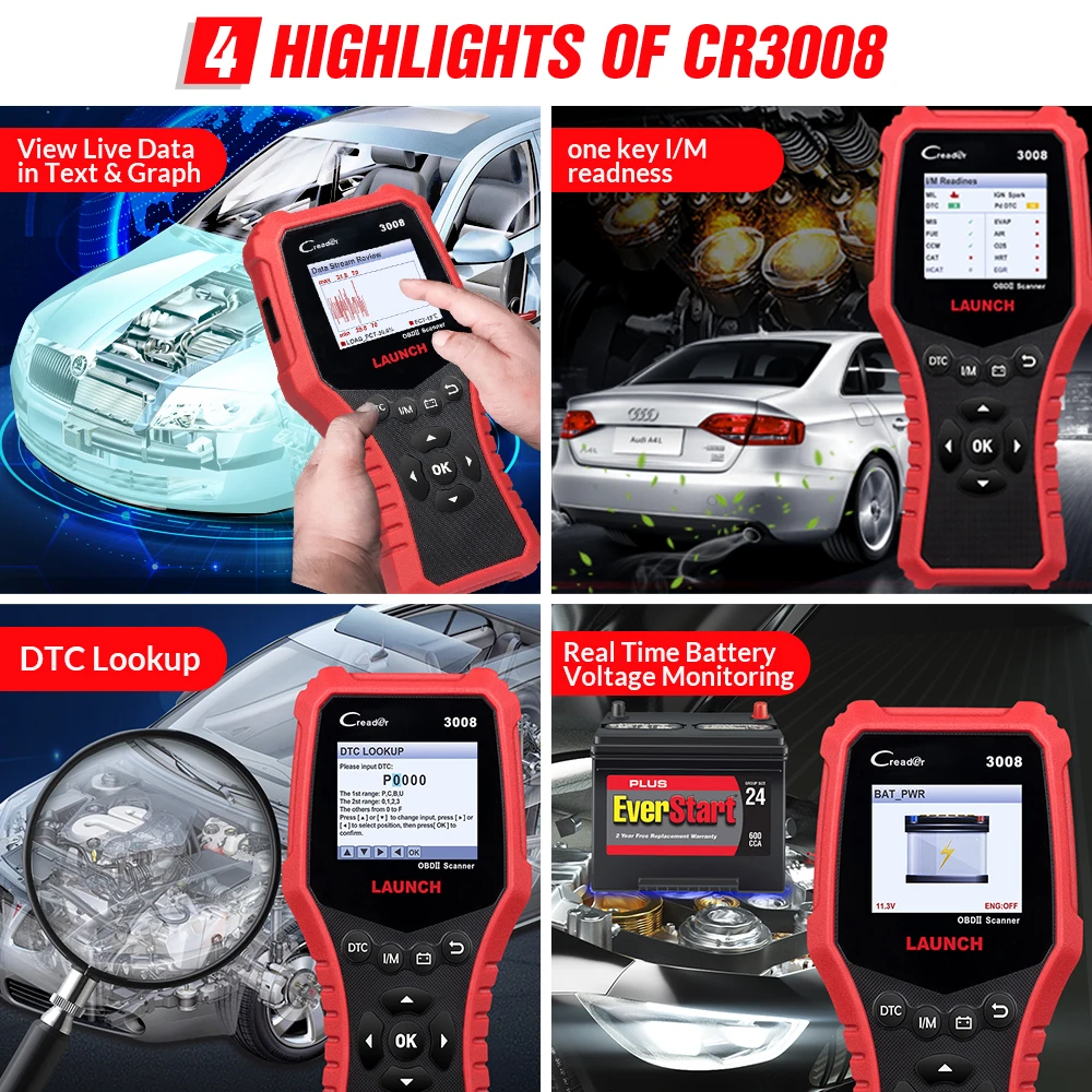 Авто Creader LAUNCH CR3008 OBD2 EOBD Автомобильный сканер кодов ошибок PK NT301 KW850 АВТО OBDII