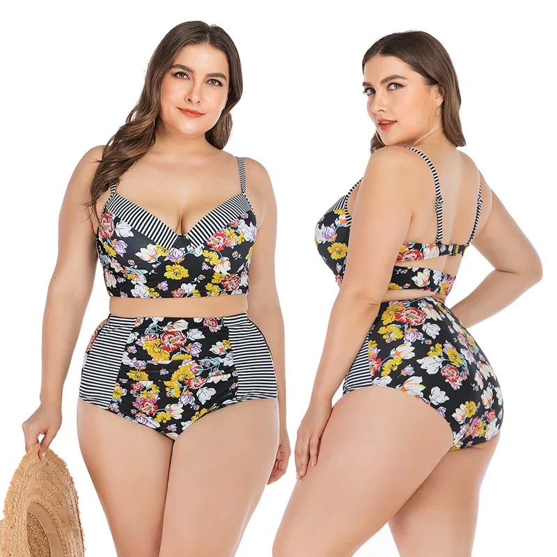  Lady Plus Size Swimsuit Beach Swimming Suit Women Tankini Floral Patchwork Strappy High Waist Swimw