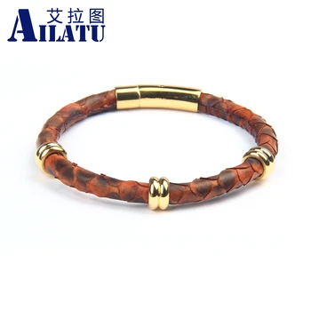 

Ailatu Genuine Python Leather Bracelet with Stainless Steel Spacer Beads Clasp Buckle Bangle for Men Women