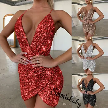 

Sexy Women Sequined Glitter Dress V-neck Bodycon Short Mini Dress Clubwear Evening Party Wrap Dress Backless Asymmetrical Dress